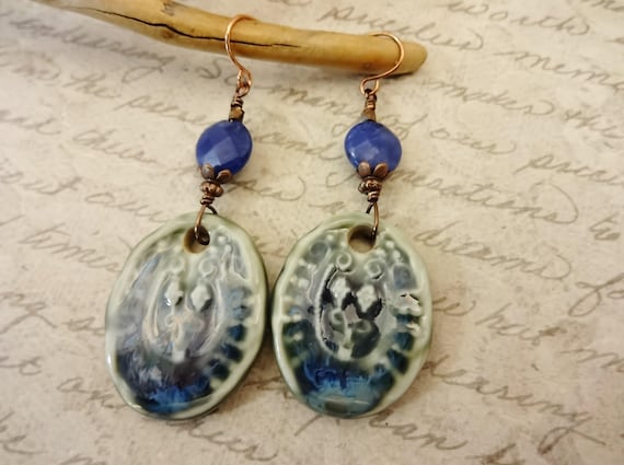 Bohemian Ceramic Oval Earrings: Sodalite Blue Green