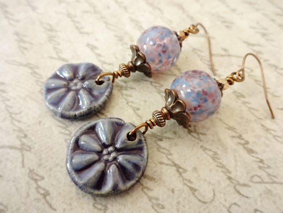 Shabby Chic Ceramic Flower Earrings: Lavender Lamp Glass, Artisan Made