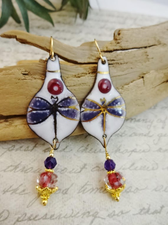 Enamel Dragonfly Earrings: White Purple Magenta with Lampwork Glass and Amethyst