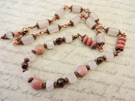 Rose Quartz, Rhodonite and Garnet Gemstone Necklace, Eclectic Jewelry with Gemstones and Copper, Gift for Her