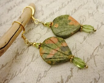 Unakite and Peridot Earrings: Gold Plated Green Gemstone Dangle
