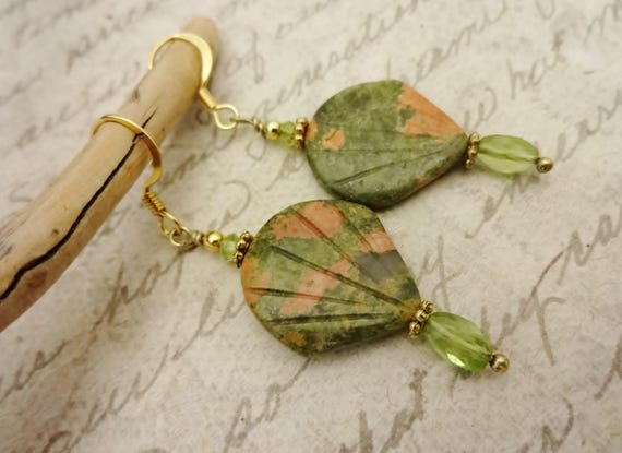 Unakite and Peridot Earrings, Green Gemstone Earrings, Green and Orange Gemstone Earrings, Gift for Her
