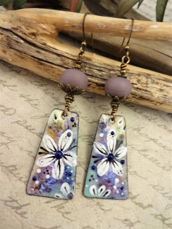 Handmade Enamel Flower Earrings: Lavender Aqua Artisan Jewelry