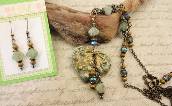 Green and Gold Ceramic Heart Necklace with Green Kyanite and Czech Crystal on Dainty Antique Brass Chain