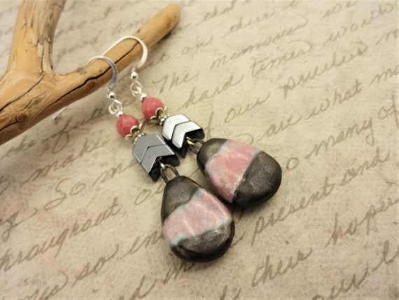 Pink and Metallic Gray Earrings, Artisan Porcelain, Rhodonite and Hematite Earrings, Gift for Her, Long Dangle Earrings