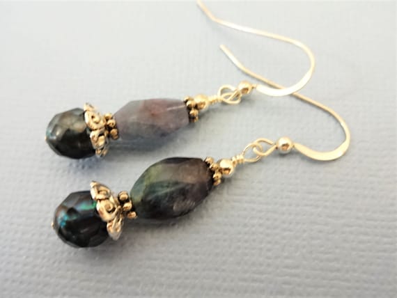 Dark Blue Purple Fluorite and Dark Green Pearl Earrings, Gemstones and Pearls with Sterling Silver Wires, Gift for Her
