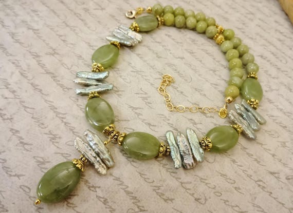 Green Garnet and Stick Pearls Statement Necklace, Green Gemstones One of a Kind Necklace