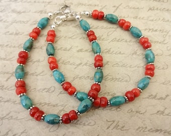 Turquoise and Red Coral Bracelet, Genuine Turquoise Jewelry, Gift for Her, Gift for Mom, Gift for Wife