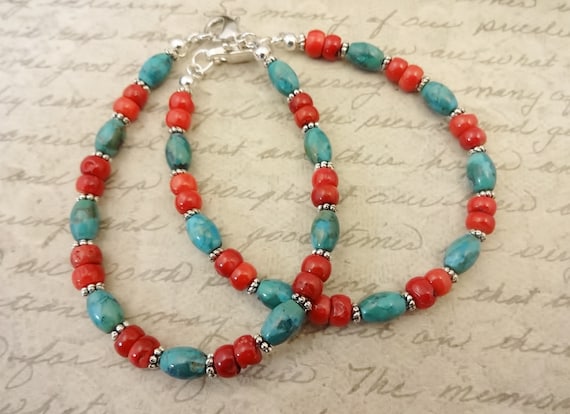 Turquoise and Red Coral Bracelet, Genuine Turquoise Jewelry, Gift for Her, Gift for Mom, Gift for Wife