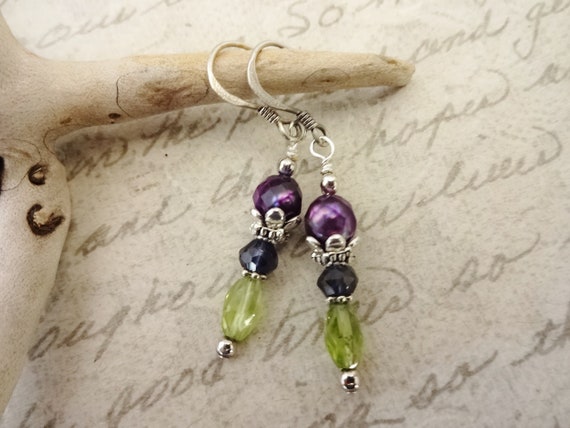 Peridot Iolite and Purple Freshwater Pearl Earrings with Sterling Silver Ear Wires, Gift for Mom, Gift for Her, Multi-Stone Jewelry