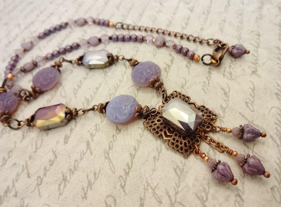 Lavender Glass Necklace: Vintage Style Brass Filigree Necklace