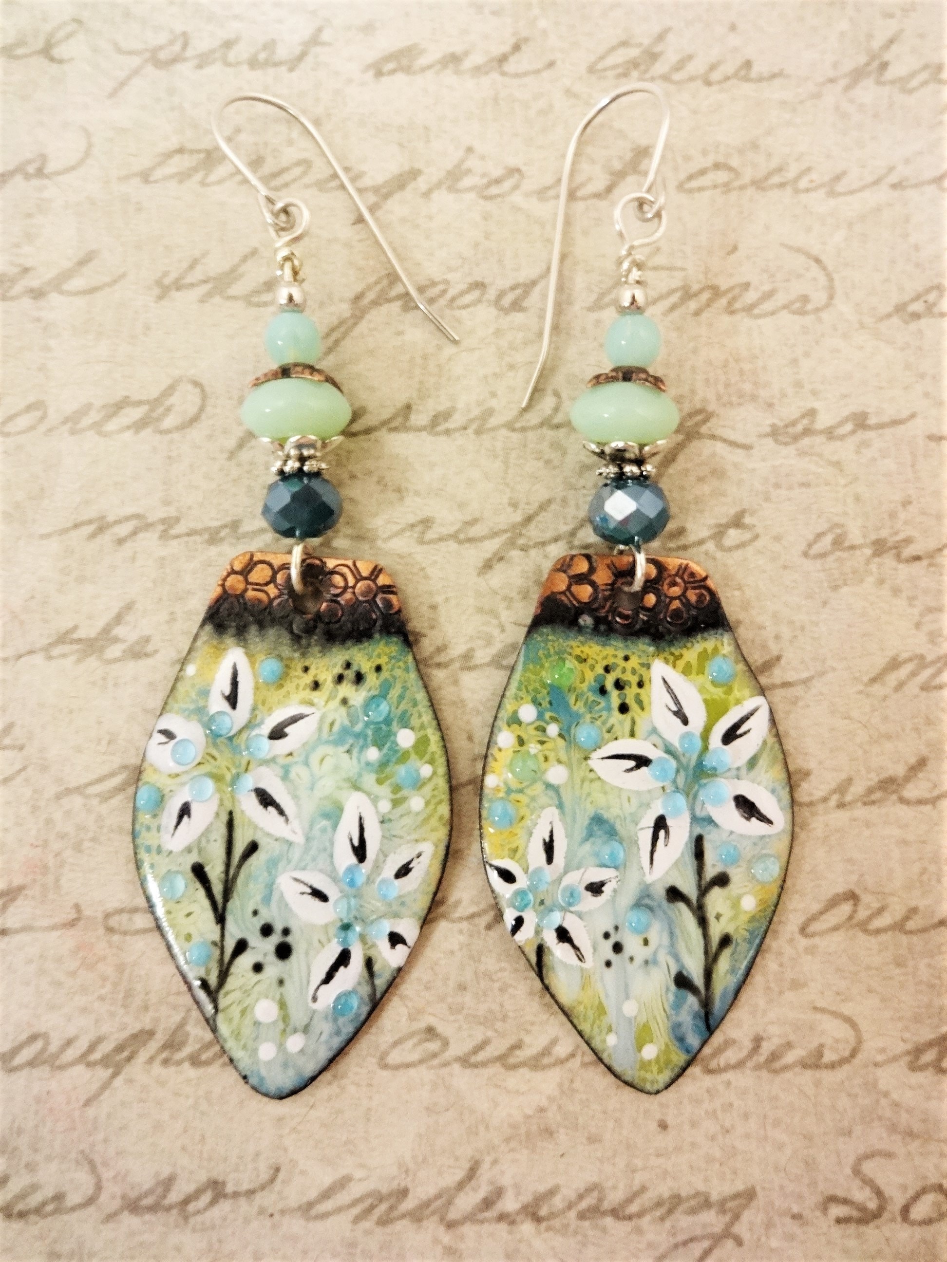 Artisan Enamel Earrings, Green and Blue Enamel Flower Earrings, One of ...