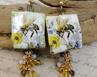 Artisan Porcelain Bee Earrings, Citrine Iolite Blue Lace Agate, Yellow Black White Blue