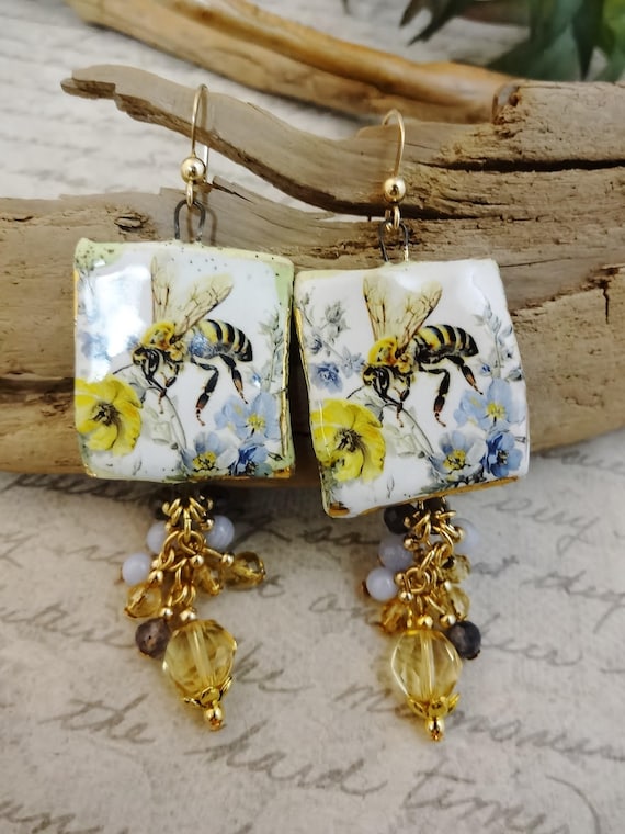 Artisan Porcelain Bee Earrings, Citrine Iolite Blue Lace Agate, Yellow Black White Blue