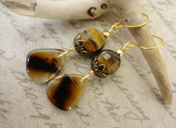 Montana Agate and Tigers Eye Gemstone Earrings, Brown Designer Stone Earrings, Gift for Her, Brown Gemstone Jewelry