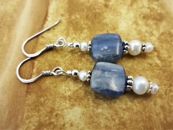 Kyanite and White Pearl Earrings, Blue Gemstone Earrings, Blue Kyanite Jewelry, Gift for Mom, Gift for Wife