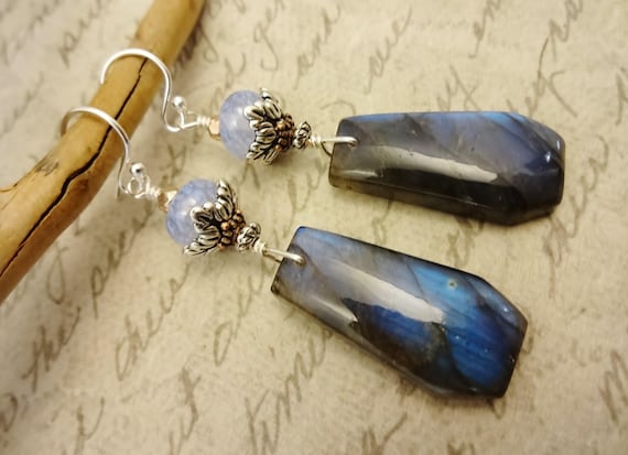 Labradorite Earrings with Lampwork Glass: Blue Flash Gemstone