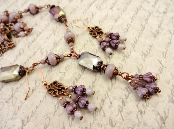 Purple and Lavender Czech Glass and Copper Necklace and Earring Set, Colorful Pendant Necklace, Gift for Her