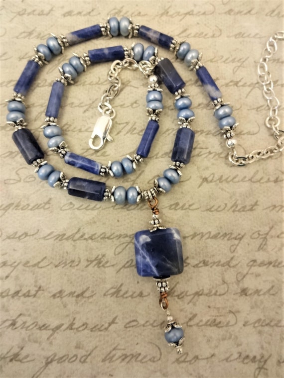 Sodalite and Light Blue Freshwater Pearls Necklace, Shades of Blue Jewelry, Sodalite Pendant Necklace