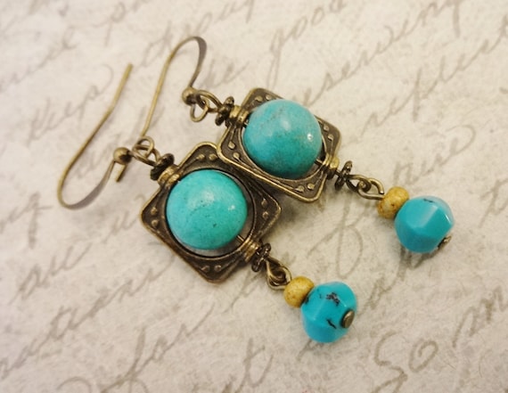 Turquoise and Antique Brass Bead Frames, Long Turquoise Earrings, Natural Turquoise, Rustic Boho Earrings, Gift for Her