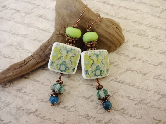 French Porcelain Lampwork Glass and Gemstone Earrings in Lime Green and Aqua Blue, Colorful Earrings, Gift for Her