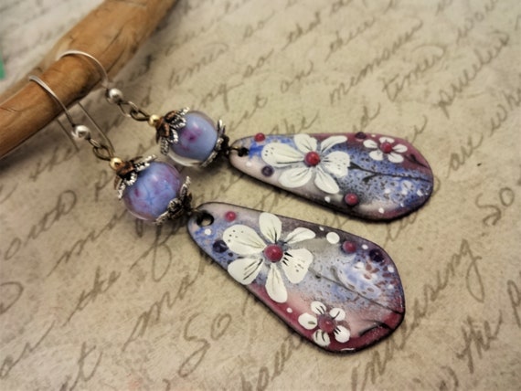 Artisan Enamel Earrings in Blue and Rose, One of a Kind Artisan Earrings, Handmade Earrings, Gift for Her