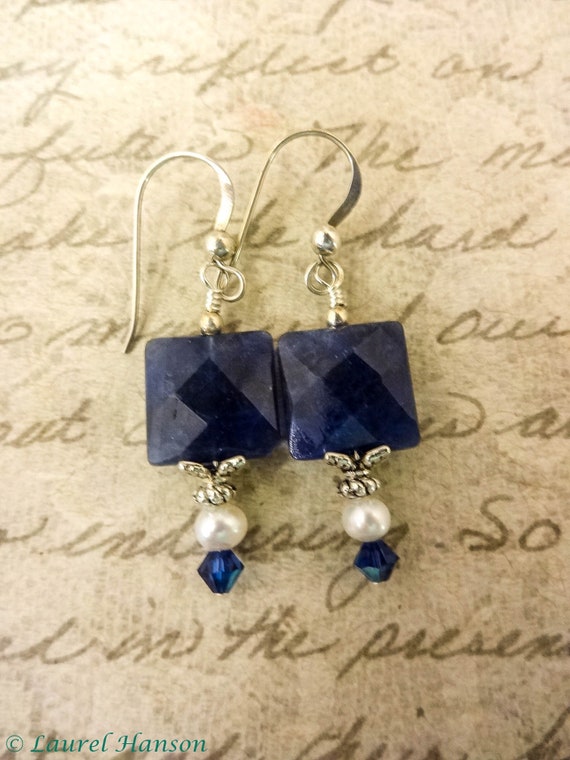 Sodalite and Pearl Earrings: Sterling Silver Boho Gemstone