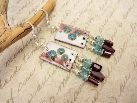 Artisan Enamel, Garnet and Apatite Earrings, January Birthstone Jewelry, Unique One of a Kind Earrings, Gift for Her