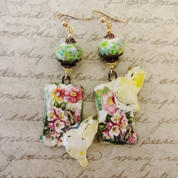 Porcelain and Lampwork Glass Artisan Earrings, Green and Pink Birds and Blooms Earrings, Gift for Her