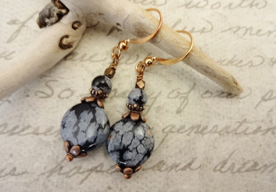 Snowflake Obsidian Earrings, Black and Gray Earrings, Black Stone Jewelry, Natural Stone Earrings, Gift for Her