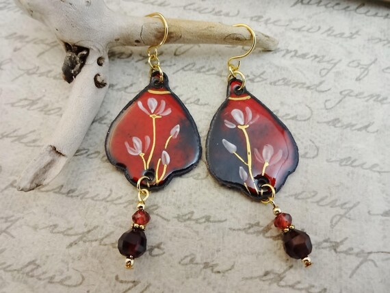 Red White Black and Gold Enamel Earrings: With Garnet Drops
