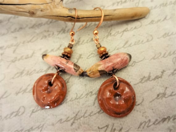 Boho Ceramic Pink Rust Brown Artisan Earrings, Ceramic Sticks and Charms, Grubbi Ceramic One of a Kind Earrings