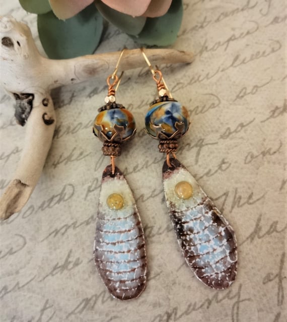 Handmade Enamel Dangle Earrings: Blue Gold Artisan Jewelry