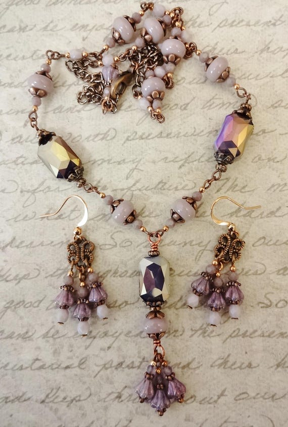 Czech Glass Necklace and Earring Set: Purple Lavender Copper Jewelry