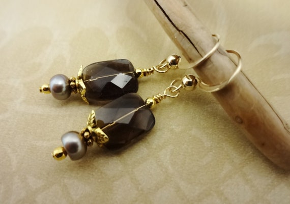 Smokey Quartz and Pearl Earrings, Brown Gemstone and Taupe Pearl Earrings, Gift for Wife, Gift for Her