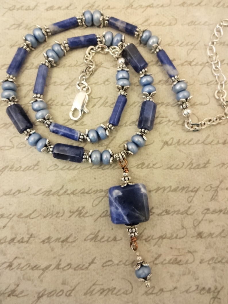 Sodalite and Light Blue Freshwater Pearls Necklace, Shades of Blue Jewelry, Sodalite Pendant Necklace image 6