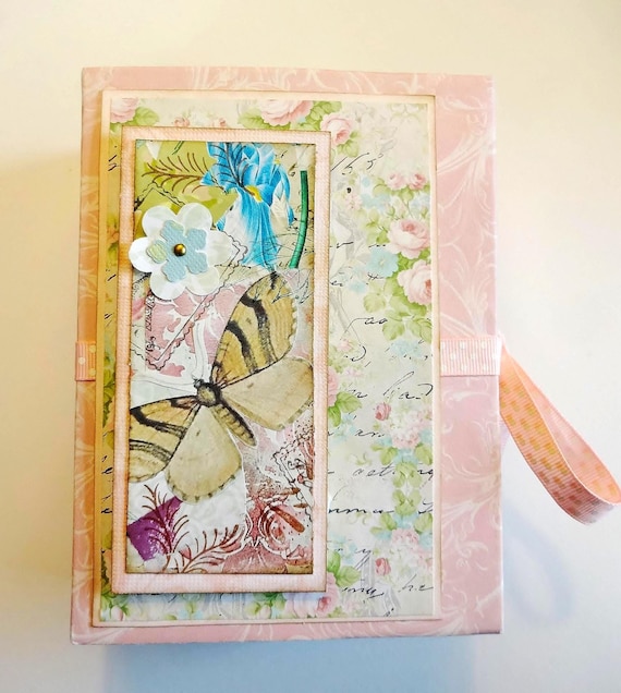 Pink and Blue Garden Junk Journal, Gorgeous Handmade Journal with pockets, tuck spots, belly bands, ephemera for journaling and keepsakes