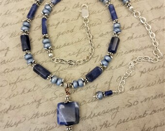 Sodalite and Light Blue Freshwater Pearls Necklace, Shades of Blue Jewelry, Sodalite Pendant Necklace