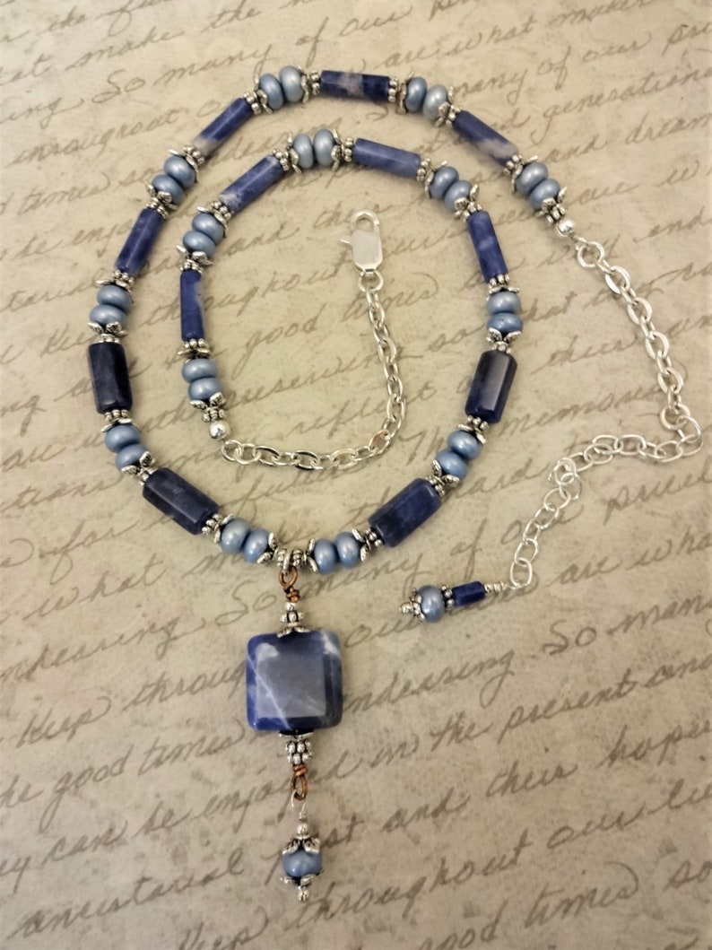 Sodalite and Light Blue Freshwater Pearls Necklace, Shades of Blue Jewelry, Sodalite Pendant Necklace image 4