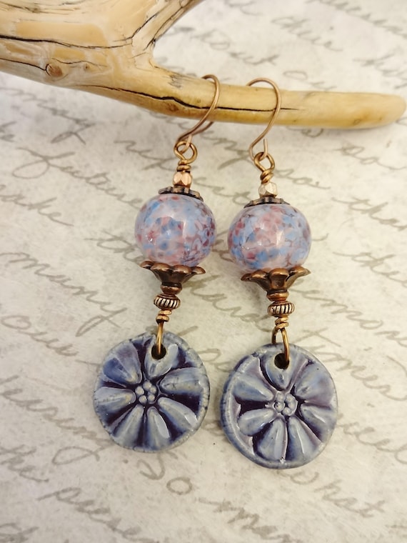 Shabby Chic Ceramic Flower Earrings: Lavender Lamp Glass, Artisan Made