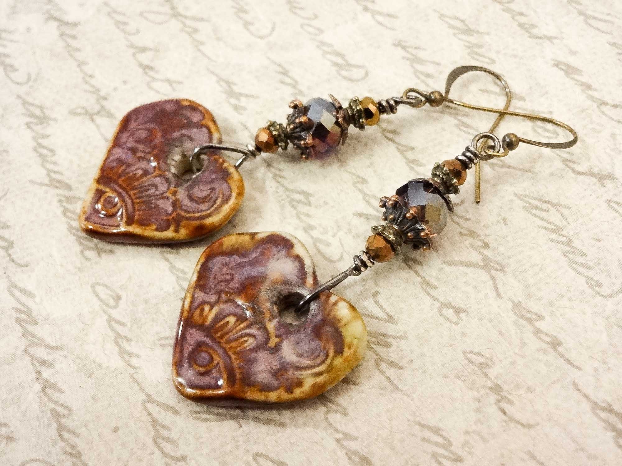 Bohemian Earrings, Majoyoal Ceramic Earrings, Dark Red Purple Brown