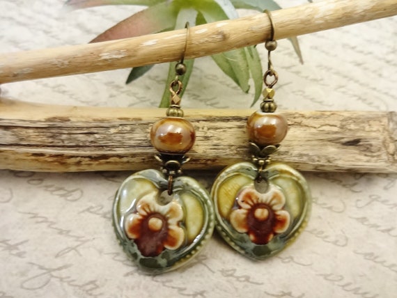 Bohemian Ceramic Earrings, Brown and Green Heart Earrings, Artisan Earrings, Majoyoal Artisan Ceramic Jewelry