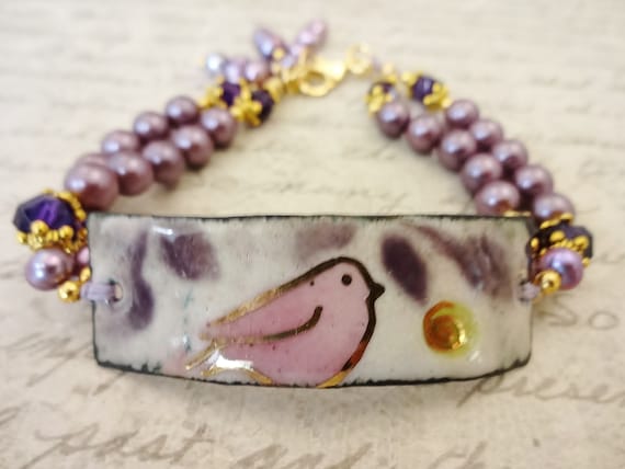 Artisan Enamel Gemstone and Pearl Bracelet in Lavender Purple and Pink, Bird Jewelry, Gift for Her, Birds and Blooms