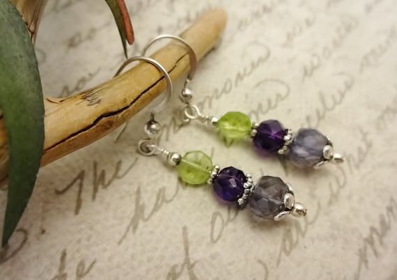 Iolite Amethyst and Peridot Gemstone Earrings with Sterling Silver Ear Wires, Gift for Mom, Gift for Her, Multi-Stone Jewelry