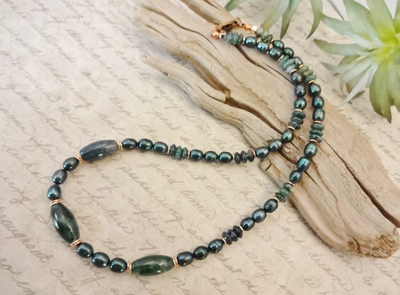 Moss Agate and Pearl Necklace, Dark Green Pearls and Moss Agate Jewelry, Gemstones and Pearls, Gift for Her, Green Jewelry