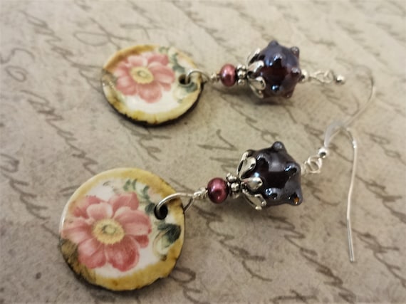 Bohemian Earrings, Ceramic Lamp Glass and Pearl Earrings, Red Flower Earrings, Statement Earrings, Unique Gift for Her