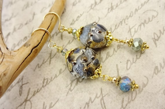 Lampwork Glass and Crystal Earrings: Blue Green Gold, Gift for Her