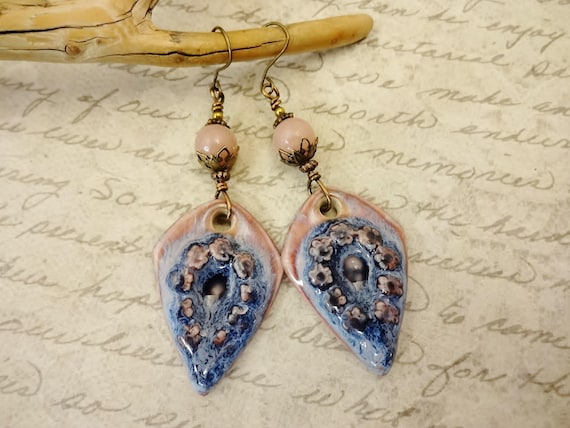 Bohemian Ceramic Teardrop Earrings: Rhodonite Artisan Jewelry Pink and Purple