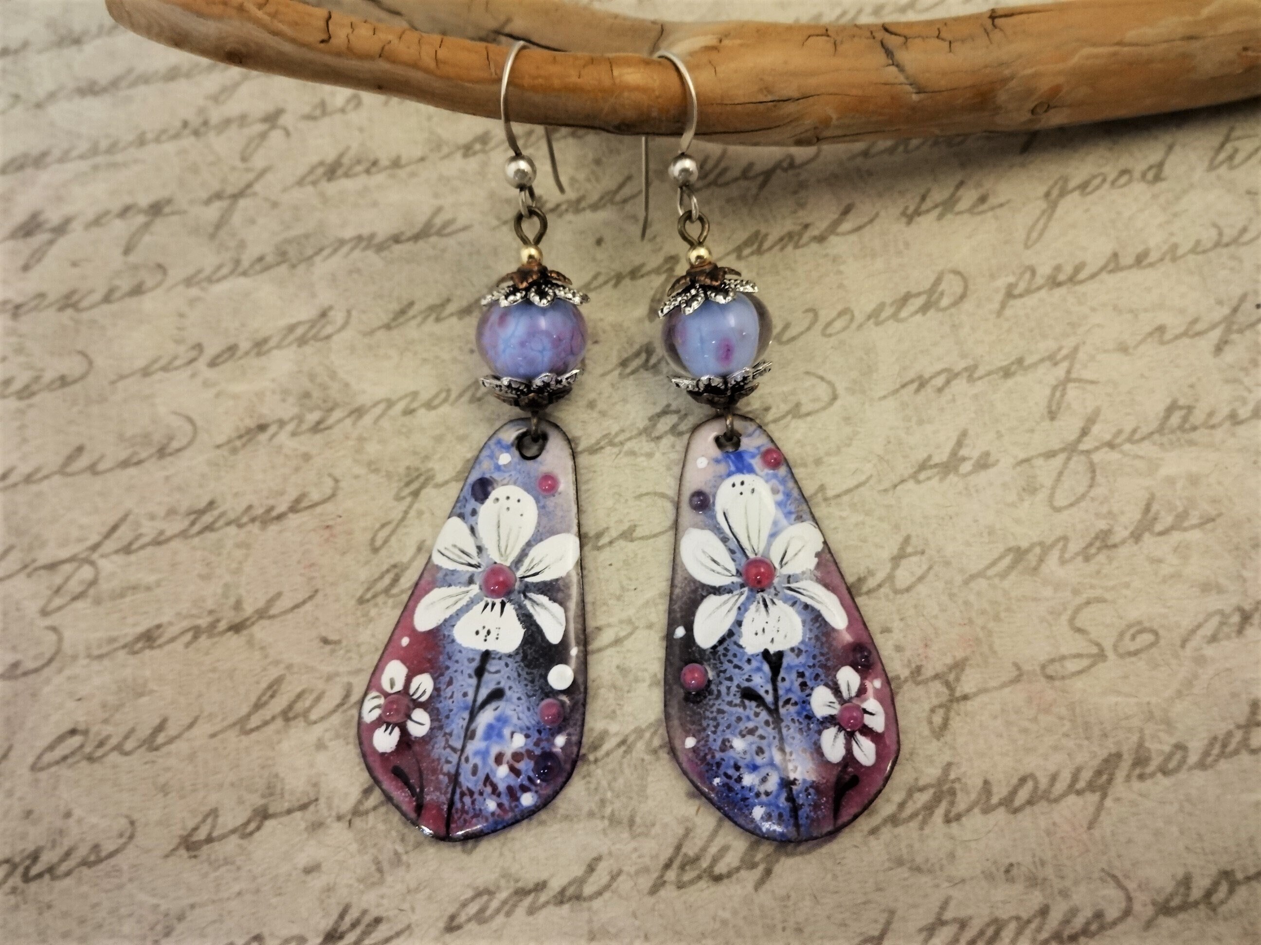 Artisan Enamel Earrings in Blue and Rose One of a Kind - Etsy