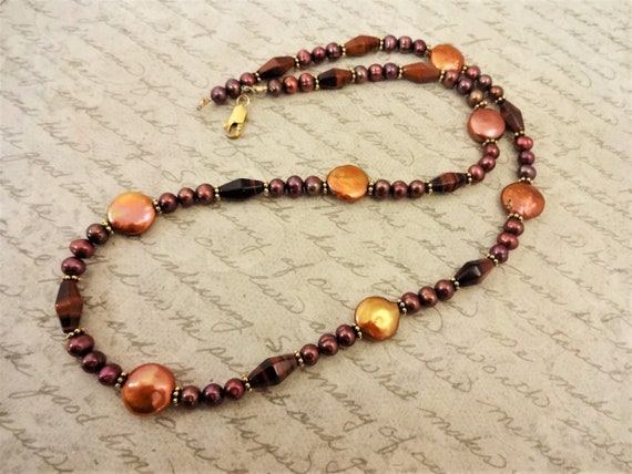 Red Tigers Eye and Pearl Necklace, Brown Gemstone Necklace, Stone and Pearl Necklace, Gift for Her